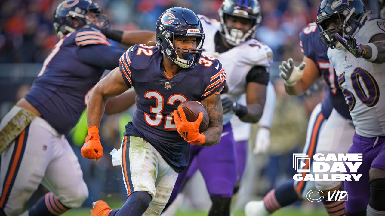 November 21, 2021: Chicago, Illinois, U.S. - Bears #36 DeAndre  Houston-Carson tackles Ravens #89 Mark Andrews during the NFL Game between  the Baltimore Ravens and Chicago Bears at Soldier Field in Chicago