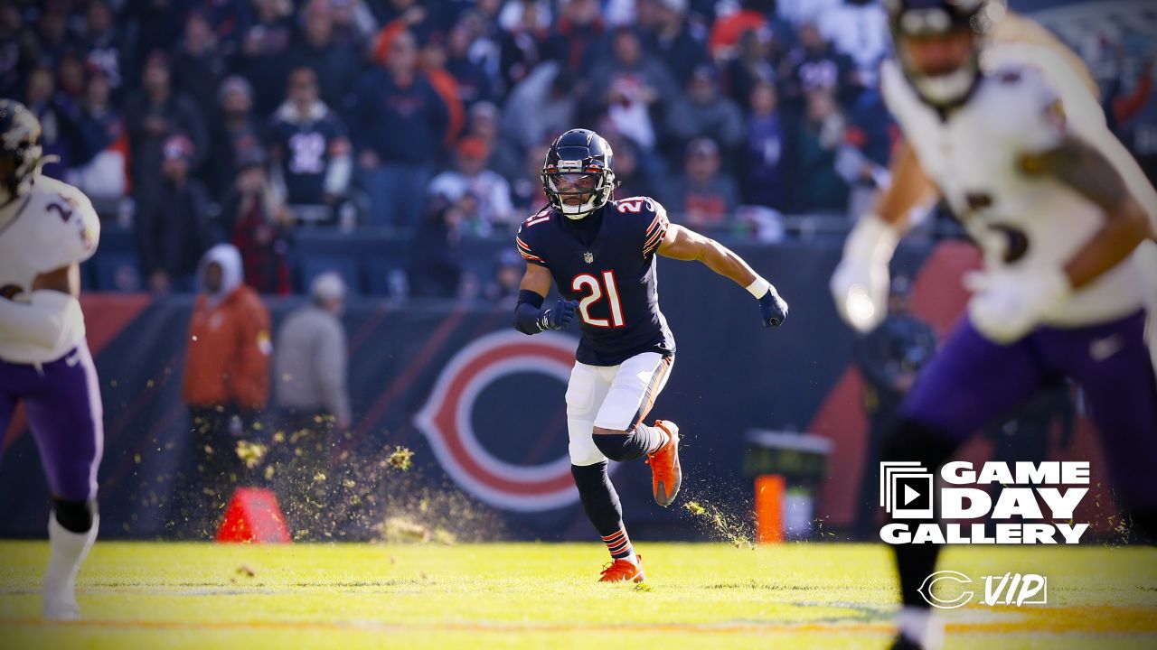 November 21, 2021: Chicago, Illinois, U.S. - Bears #36 DeAndre  Houston-Carson tackles Ravens #89 Mark Andrews during the NFL Game between  the Baltimore Ravens and Chicago Bears at Soldier Field in Chicago