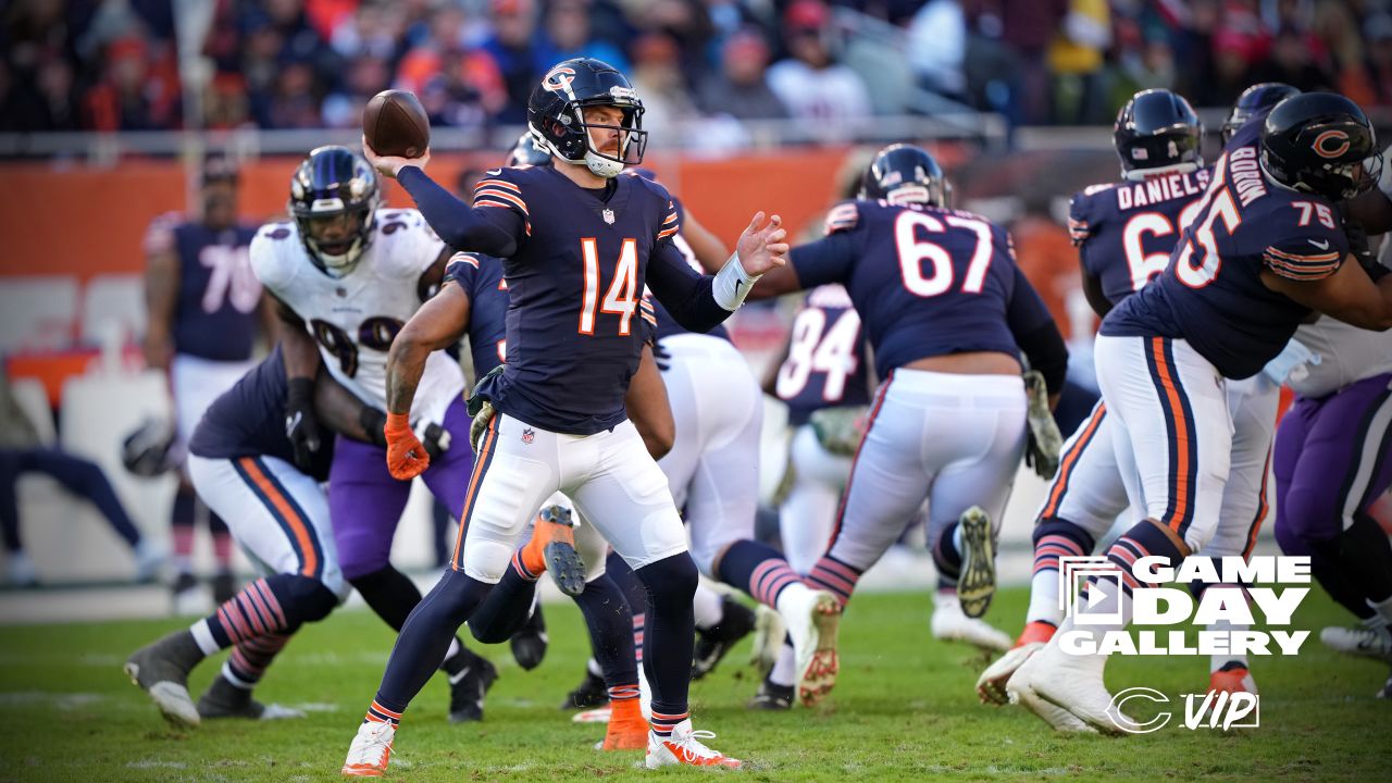 November 21, 2021: Chicago, Illinois, U.S. - Bears #36 DeAndre  Houston-Carson tackles Ravens #89 Mark Andrews during the NFL Game between  the Baltimore Ravens and Chicago Bears at Soldier Field in Chicago