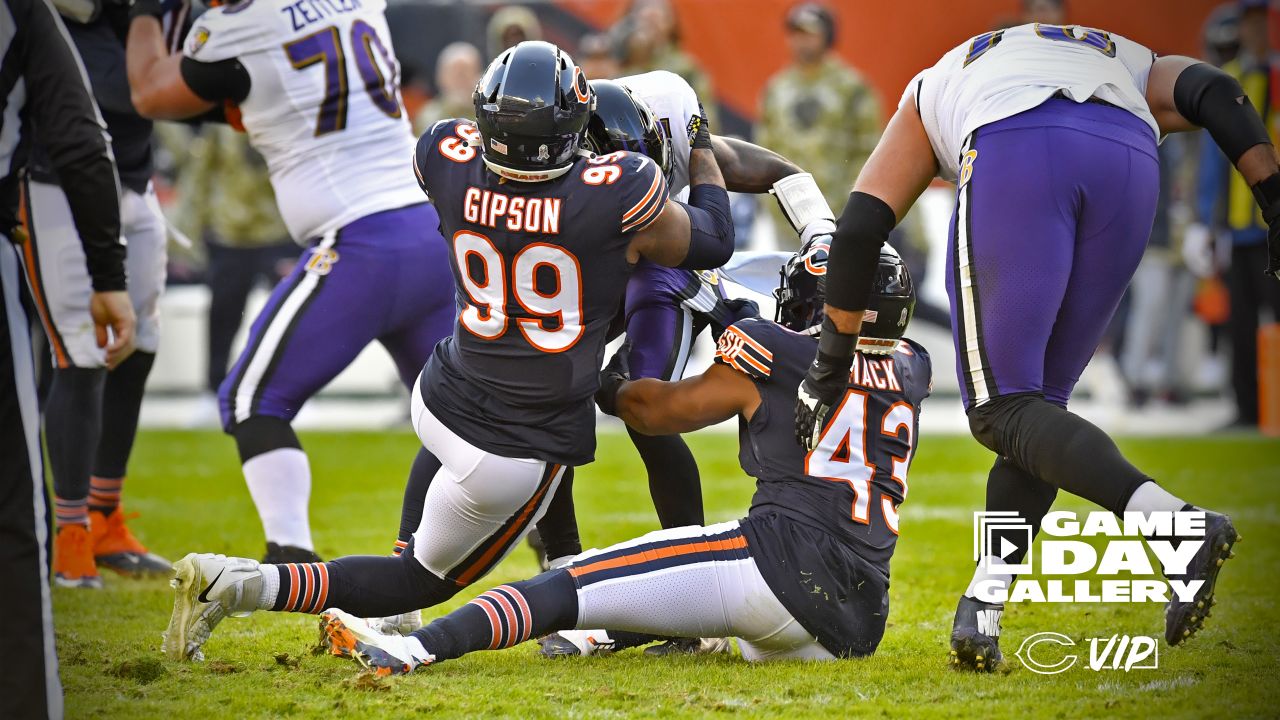 CHICAGO, IL - NOVEMBER 21: Chicago Bears outside linebacker Trevis Gipson ( 99) celebrates after a play during a game between the Chicago Bears and the  Baltimore Ravens on November 21, 2021 at