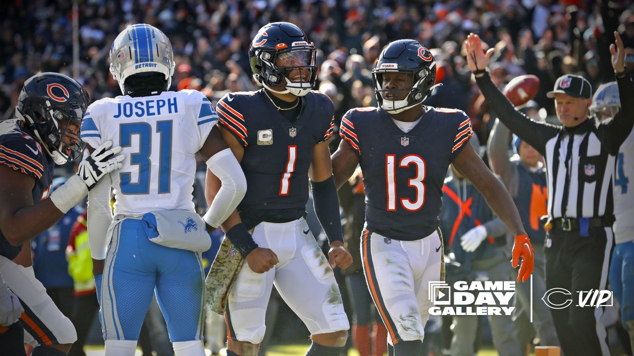 Chicago, Illinois, USA. 03rd Oct, 2021. - Bears #98 Bilal Nichols runs with  the ball during the NFL Game between the Detroit Lions and Chicago Bears at  Soldier Field in Chicago, IL.