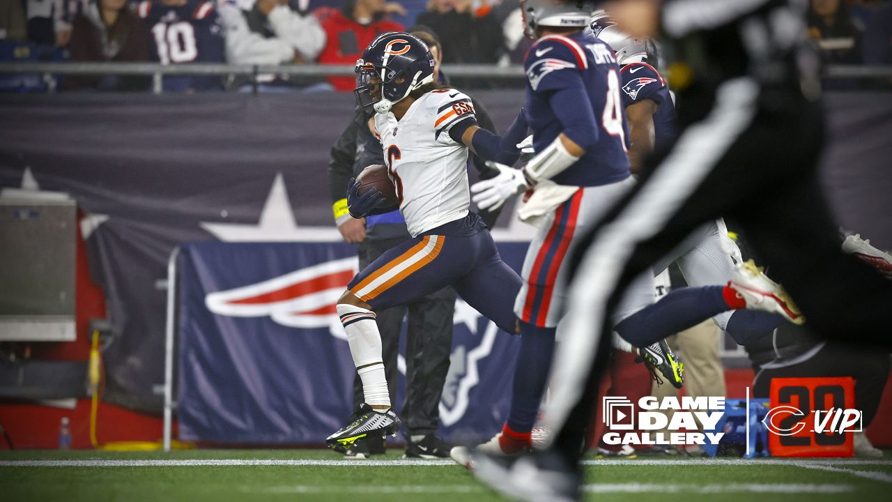 New England Patriots quarterback Mac Jones plays against the Chicago Bears  during the first half of an NFL football game, Monday, Oct. 24, 2022, in  Foxborough, Mass. (AP Photo/Michael Dwyer Stock Photo 