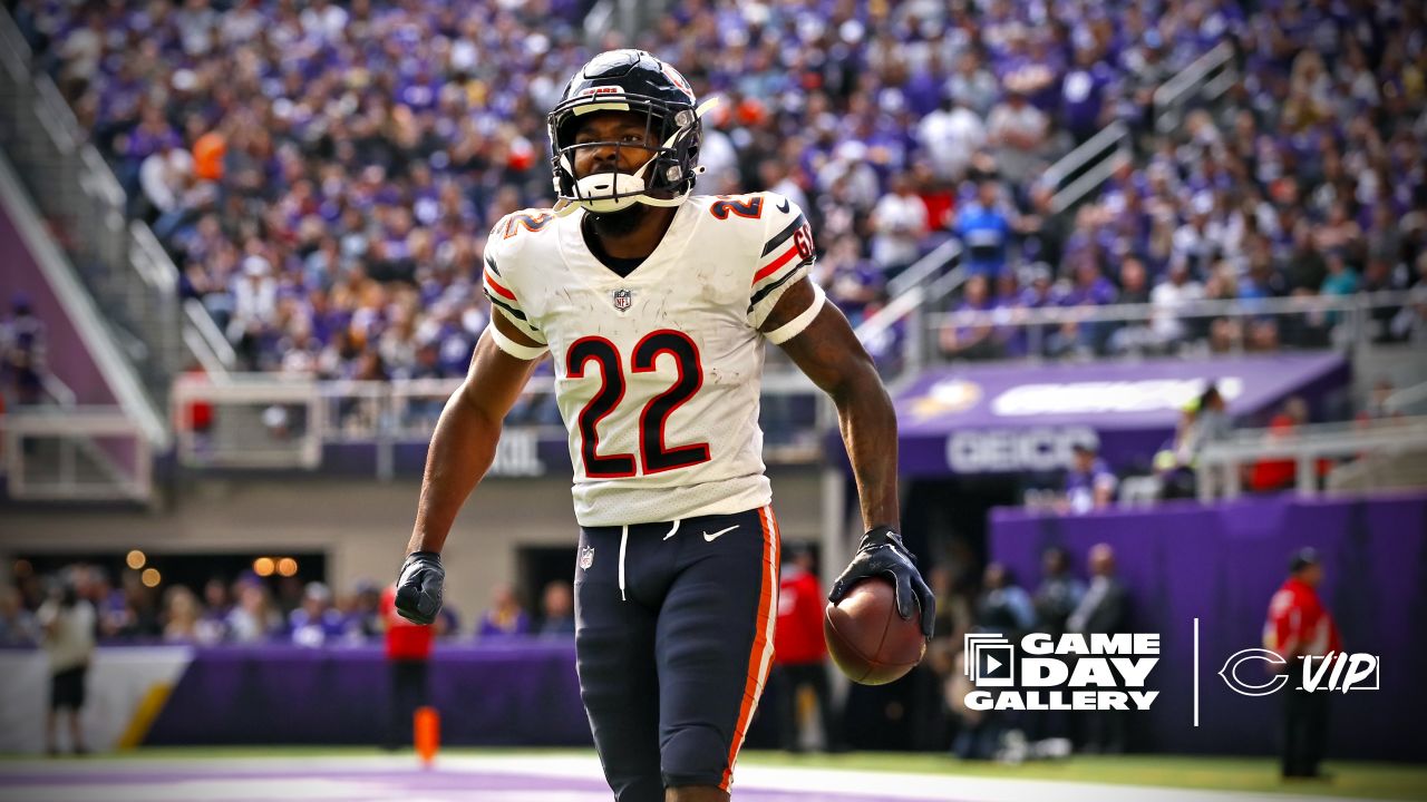 Chicago Bears wide receiver Darnell Mooney (11) carries the ball during the  second half of an NFL football game against the Minnesota Vikings, Sunday,  Oct. 9, 2022 in Minneapolis. (AP Photo/Stacy Bengs