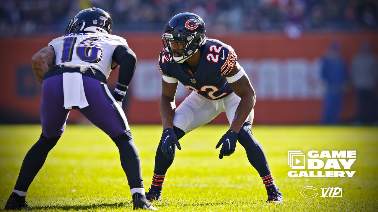 November 21, 2021: Chicago, Illinois, U.S. - Bears #36 DeAndre  Houston-Carson tackles Ravens #89 Mark Andrews during the NFL Game between  the Baltimore Ravens and Chicago Bears at Soldier Field in Chicago