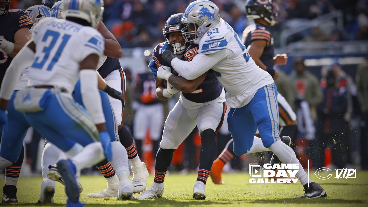 Chicago, Illinois, USA. 03rd Oct, 2021. - Bears #32 David Montgomery  (right) celebrates his touchdown with teammate #81 J.P. Holtz during the  NFL Game between the Detroit Lions and Chicago Bears at