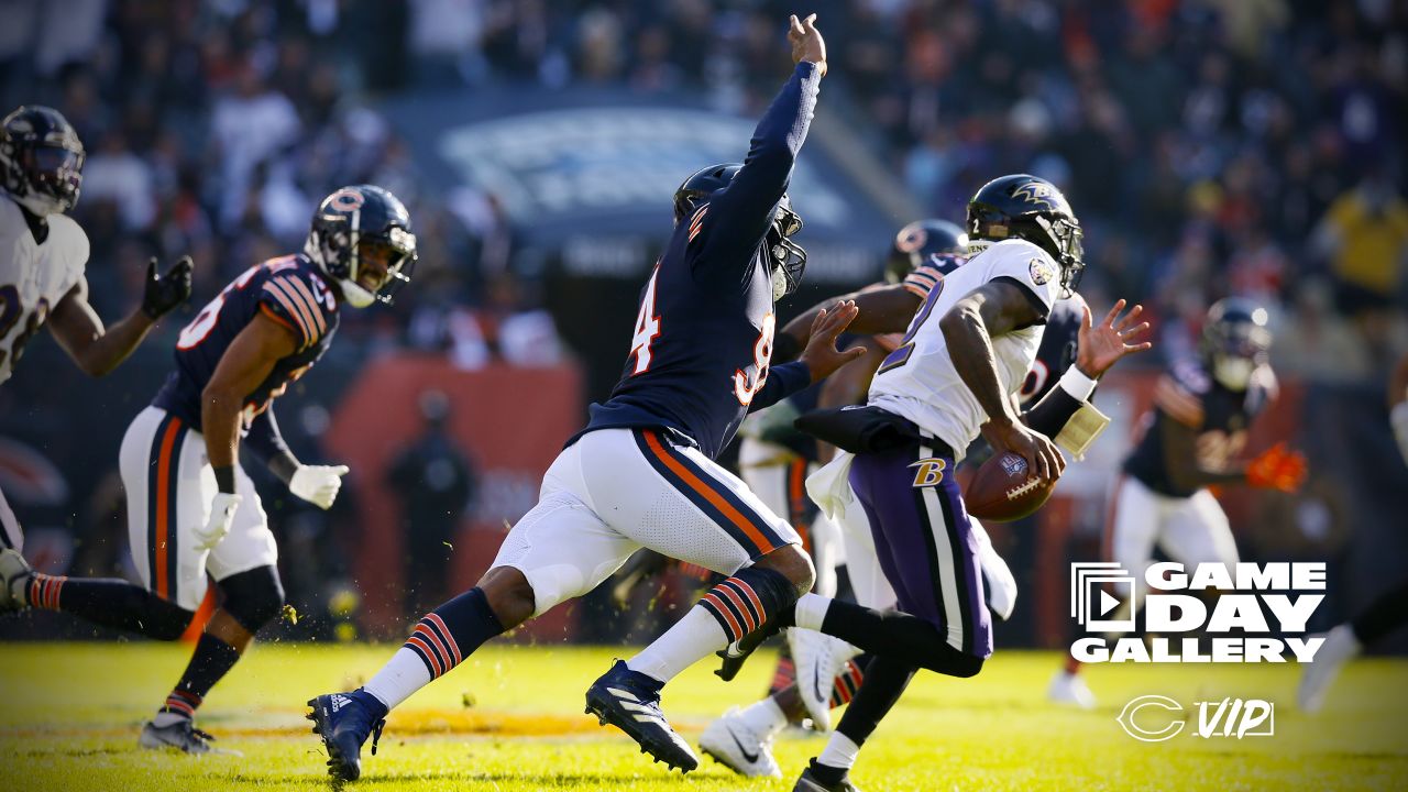 November 21, 2021: Chicago, Illinois, U.S. - Bears #36 DeAndre  Houston-Carson tackles Ravens #89 Mark Andrews during the NFL Game between  the Baltimore Ravens and Chicago Bears at Soldier Field in Chicago