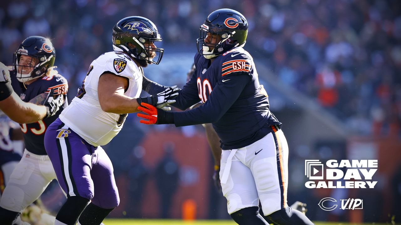 CHICAGO, IL - NOVEMBER 21: A detail view of a Baltimore Ravens helmet is  seen during a game between the Chicago Bears and the Baltimore Ravens on  November 21, 2021 at Soldier