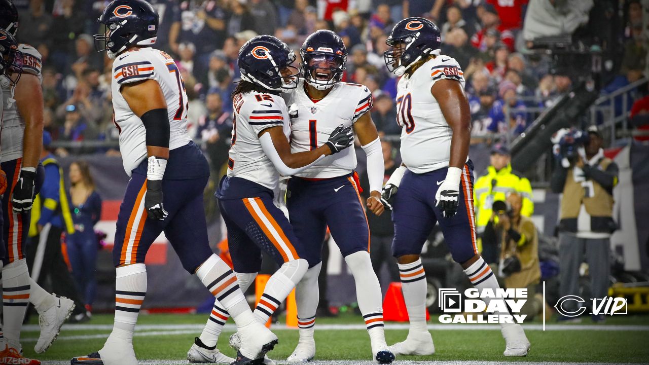 New England Patriots quarterback Mac Jones plays against the Chicago Bears  during the first half of an NFL football game, Monday, Oct. 24, 2022, in  Foxborough, Mass. (AP Photo/Michael Dwyer Stock Photo 