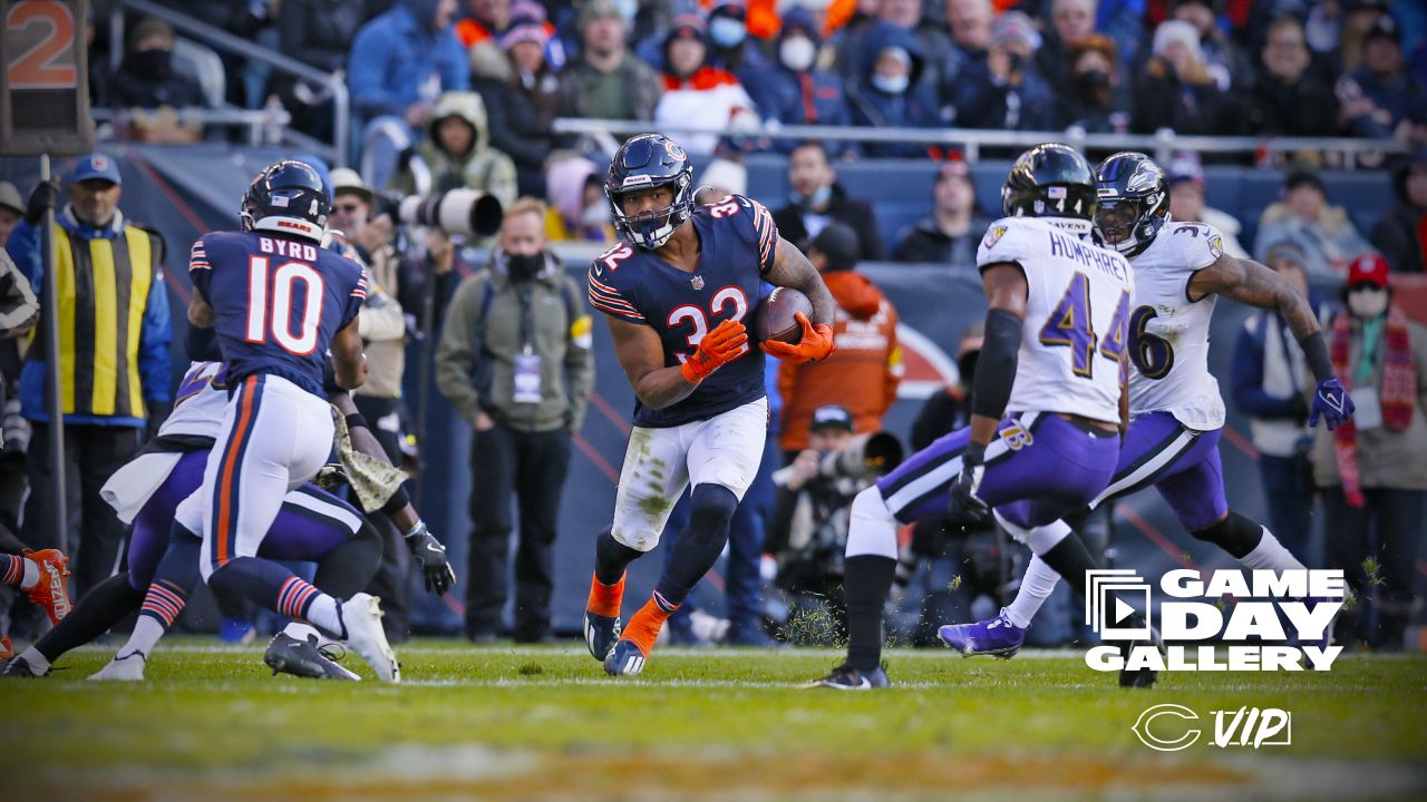 November 21, 2021: Chicago, Illinois, U.S. - Bears #36 DeAndre  Houston-Carson tackles Ravens #89 Mark Andrews during the NFL Game between  the Baltimore Ravens and Chicago Bears at Soldier Field in Chicago