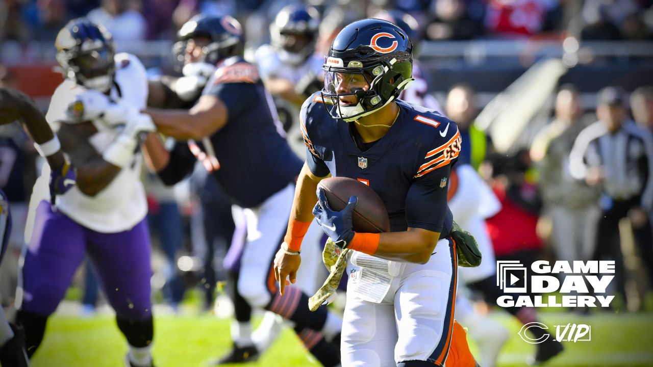 November 21, 2021: Chicago, Illinois, U.S. - Bears #36 DeAndre  Houston-Carson tackles Ravens #89 Mark Andrews during the NFL Game between  the Baltimore Ravens and Chicago Bears at Soldier Field in Chicago