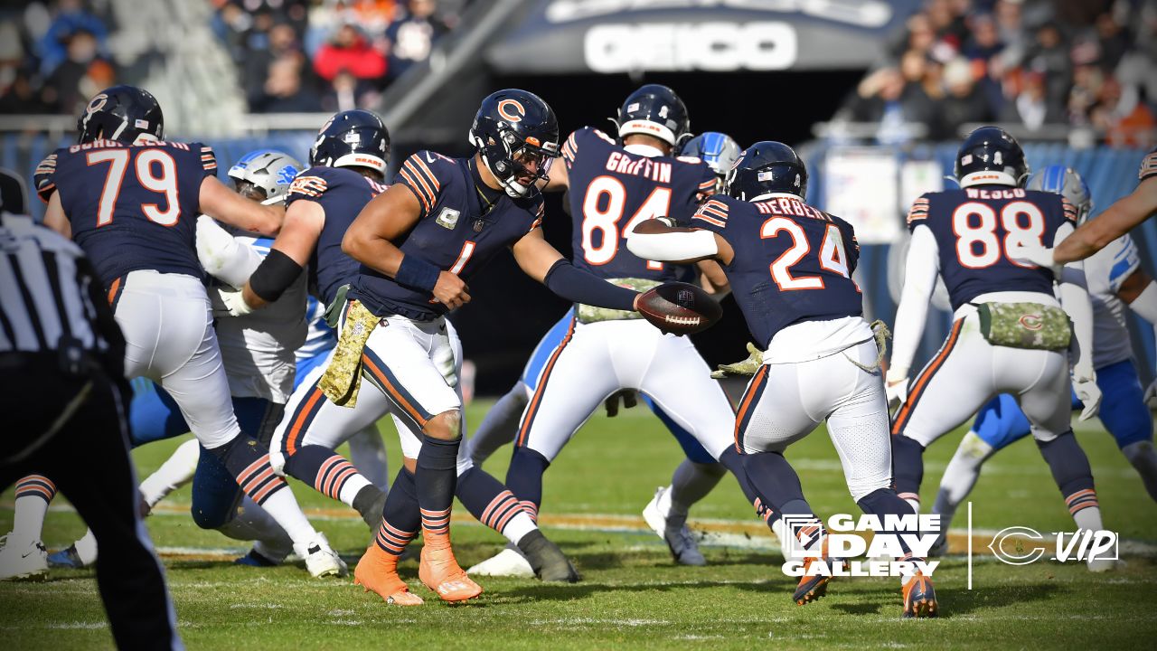 Salute To Service signage on the field during the first half in an NFL  football game between the Chicago Bears and the Detroit Lions Sunday, Nov.  13, 2022, in Chicago. (AP Photo/David