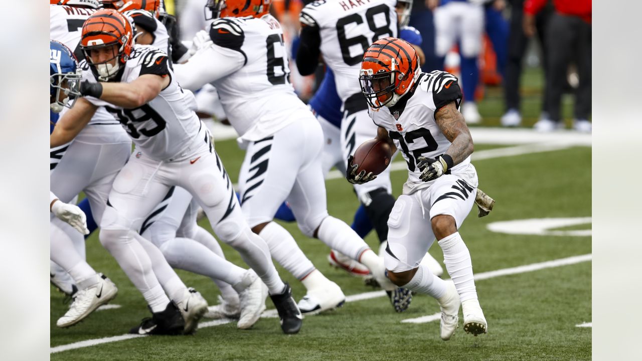 Cincinnati Bengals running back Trayveon Williams takes the opening kickoff  during the first half of the NFL AFC Championship playoff football game  against the Kansas City Chiefs, Sunday, Jan. 29, 2023 in