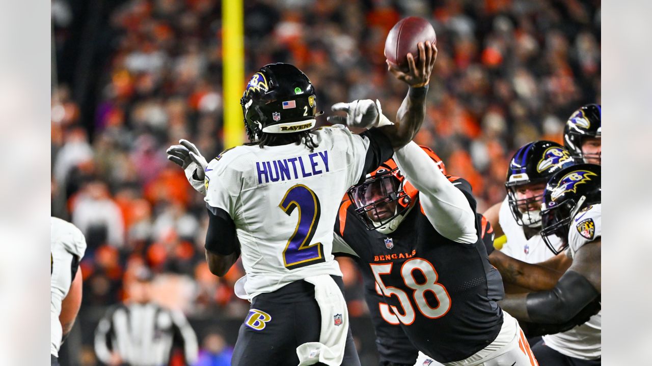 Cincinnati Bengals tight end Hayden Hurst (88) runs off the field after an  NFL wild-card football game against the Baltimore Ravens on Sunday, Jan.  15, 2023, in Cincinnati. (AP Photo/Emilee Chinn Stock