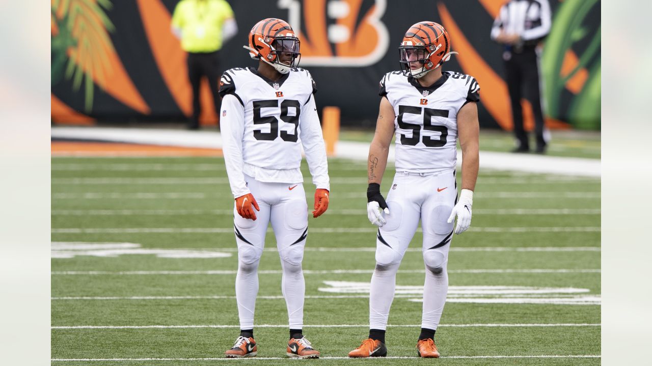 Cincinnati Bengals linebacker Logan Wilson (55) in coverage during an NFL  football game against the New