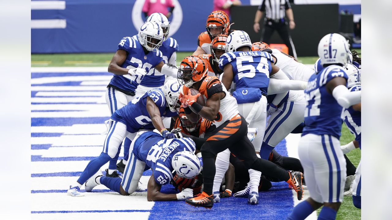 Cincinnati Bengals' Samaje Perine (34) stretches next to a Crucial Catch  sign before an NFL football game against the Indianapolis Colts, Sunday,  Oct. 18, 2020, in Indianapolis. (AP Photo/Michael Conroy Stock Photo - Alamy