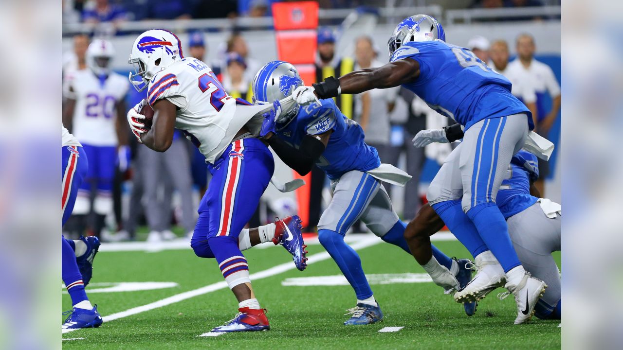 DETROIT, MI - NOVEMBER 24: Detroit Lions Running Back (42) Justin Jackson  receives the opening kickoff in the game between Buffalo Bills and Detroit  Lions on November 24, 2022 in Detroit, MI (