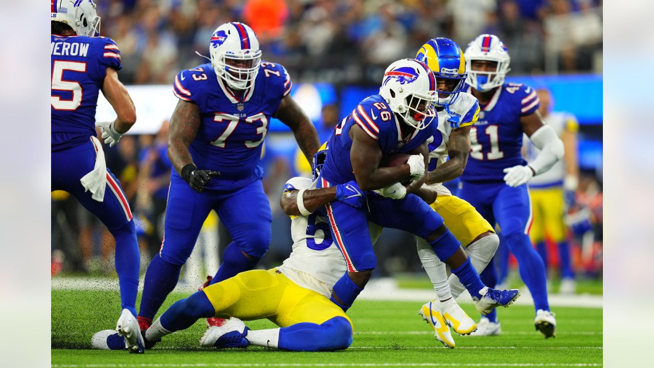 Buffalo Bills defensive tackle Ed Oliver (91) celebrates his tackle with Buffalo  Bills defensiv …