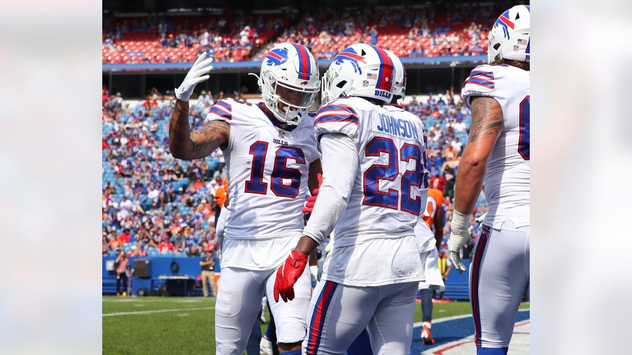 Buffalo Bills' Duke Johnson, left, celebrates after scoring a touchdown  during the second half of a preseason NFL football game against the Denver  Broncos, Saturday, Aug. 20, 2022, in Orchard Park, N.Y. (