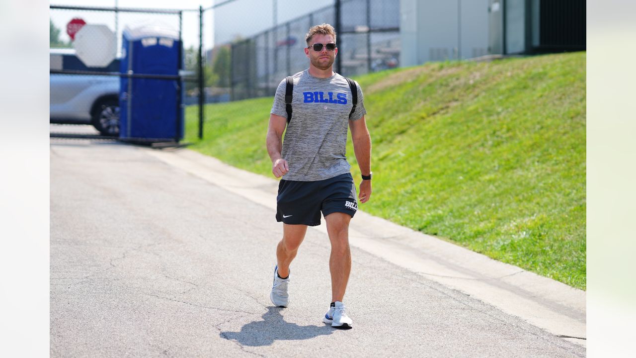 Josh Allen wears red Bills helmet at Highmark Stadium practice