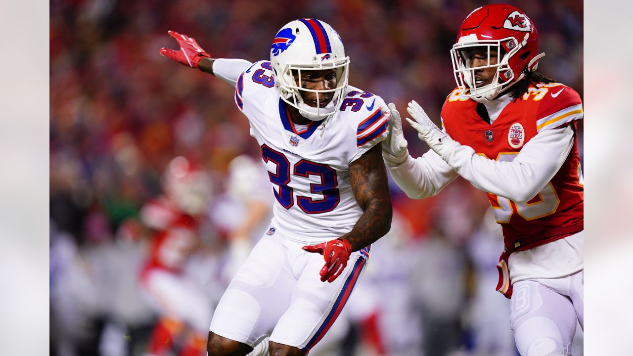 Buffalo Bills vs. Kansas City Chiefs. NFL Game. American Football League  match. Silhouette of professional player celebrate touch down. Screen in  back Stock Photo - Alamy