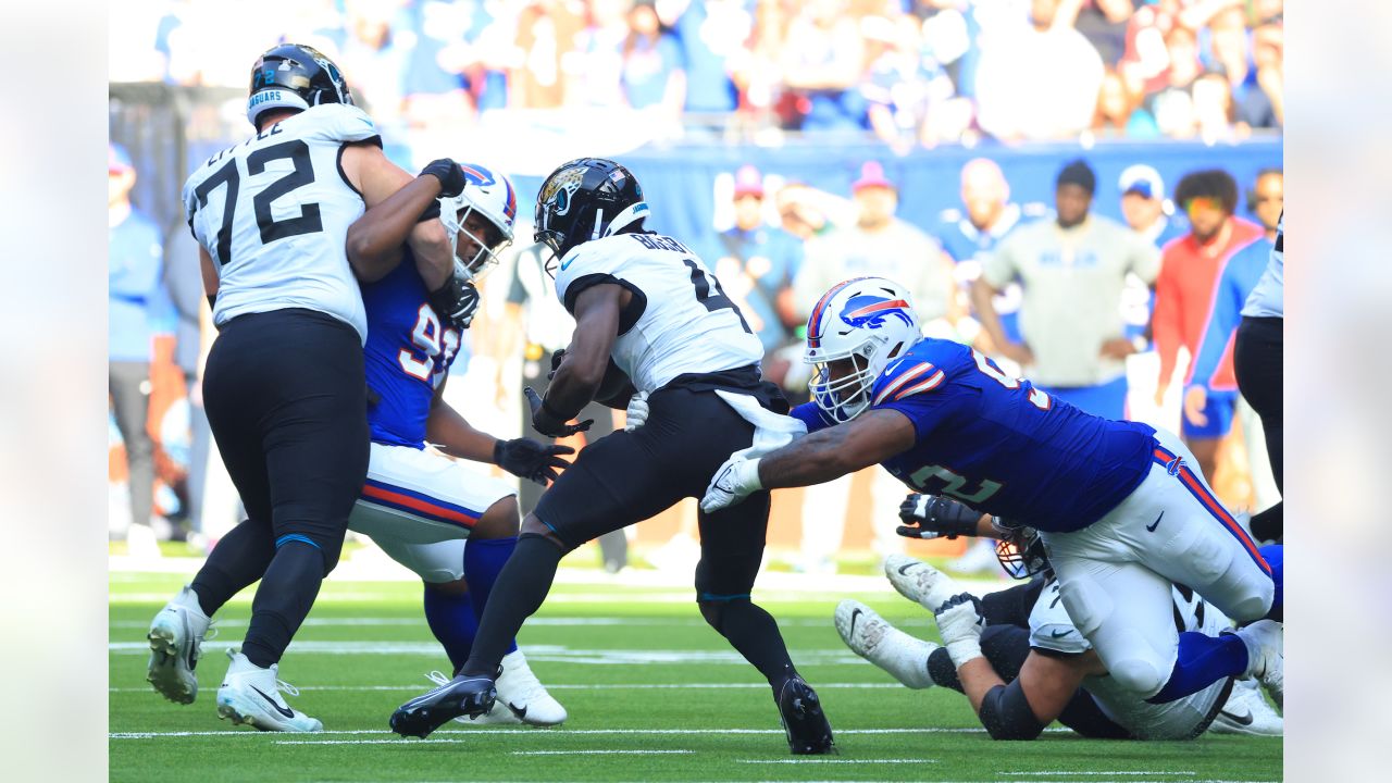 Buffalo Bills defensive tackle DaQuan Jones (92) reacts during the second  half of an NFL football