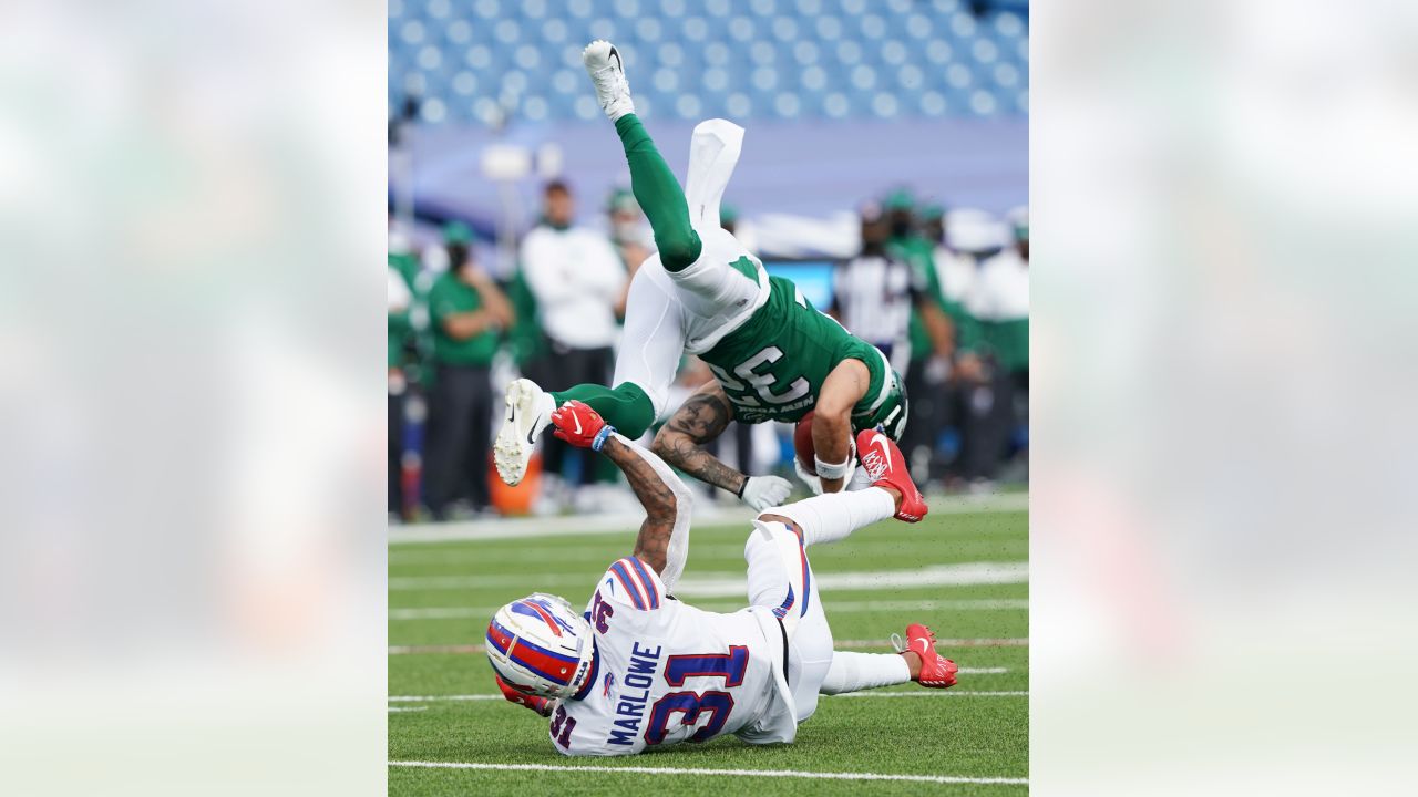 FILE - Buffalo Bills strong safety Dean Marlowe walks off the field after  an NFL football game against the New York Jets in Orchard Park, N.Y., in  this Sunday, Sept. 13, 2020