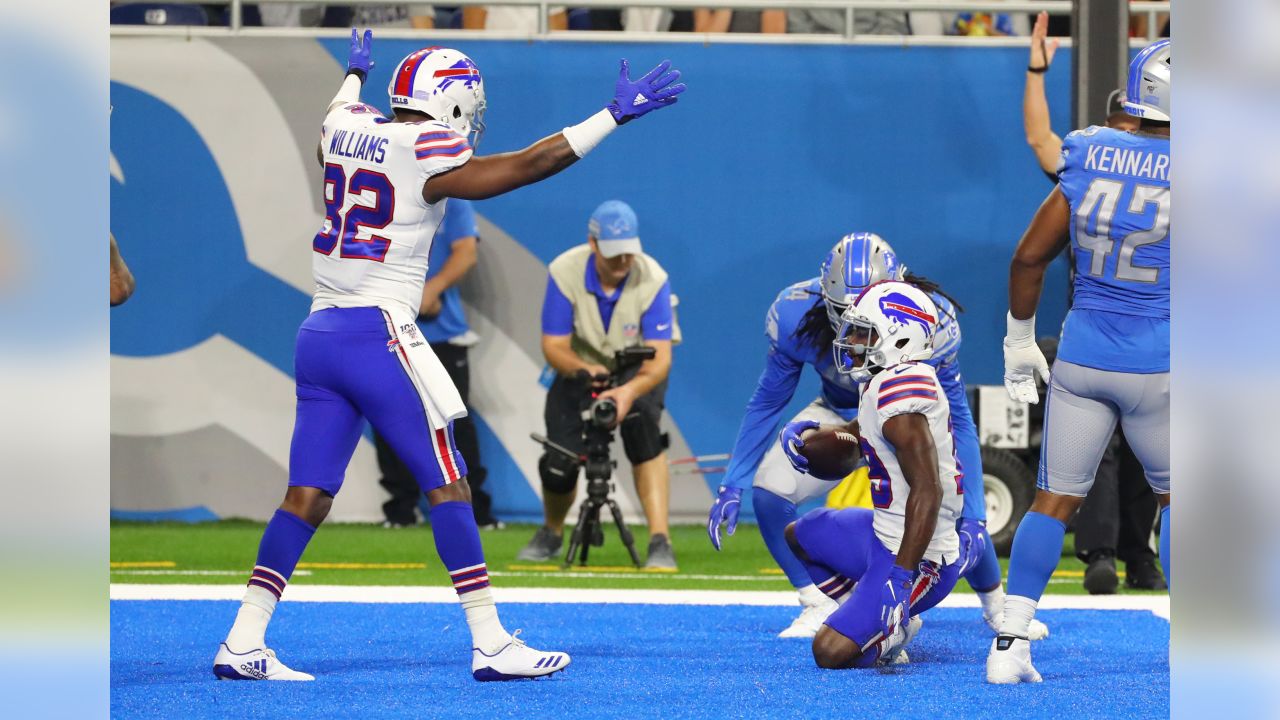 DETROIT, MI - NOVEMBER 24: Detroit Lions Running Back (42) Justin Jackson  receives the opening kickoff in the game between Buffalo Bills and Detroit  Lions on November 24, 2022 in Detroit, MI (