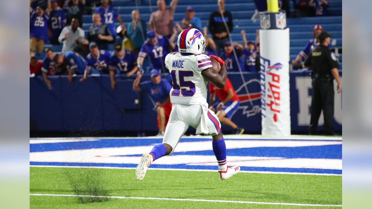 Buffalo Bills' LeSean McCoy, center, celebrates with Christian Wade (45)  after Wade scored a touchdown during the second half of an NFL preseason  football game against the Indianapolis Colts, Thursday, Aug. 8