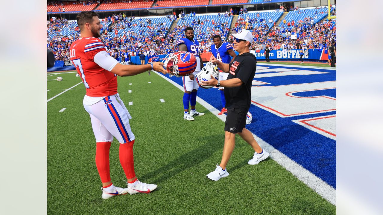 Josh Allen teased fans with a red Bills helmet at Highmark Stadium