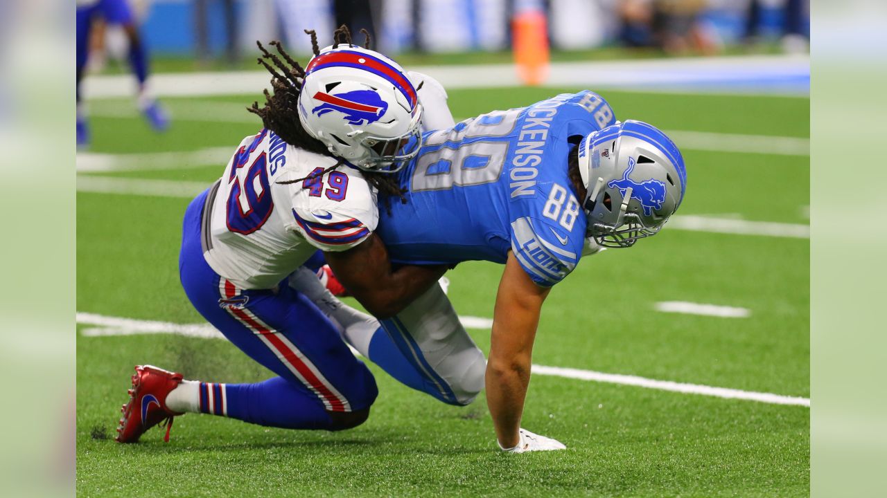 DETROIT, MI - NOVEMBER 24: Detroit Lions Running Back (42) Justin Jackson  receives the opening kickoff in the game between Buffalo Bills and Detroit  Lions on November 24, 2022 in Detroit, MI (