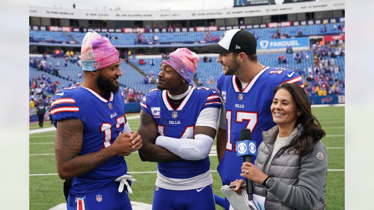 Buffalo Bills quarterback Josh Allen (17) and wide receiver Gabe Davis (13)  celebrate a touchdown during the first half of an NFL football game against  the Pittsburgh Steelers on Sunday, Oct. 9