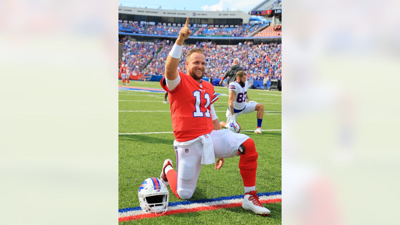 Josh Allen teased fans with a red Bills helmet at Highmark Stadium