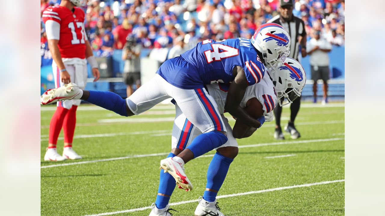 Buffalo Bills fullback Reggie Gilliam (41) covers a kick during an NFL  wild-card football game Sunday, Jan. 15, 2023, in Orchard Park, NY. (AP  Photo/Matt Durisko Stock Photo - Alamy