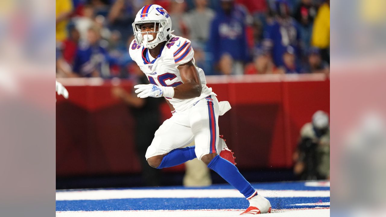 Buffalo Bills free safety Jaquan Johnson (46) gets into position during the  second half of an NFL wild-card playoff football game against the New  England Patriots in Orchard Park, N.Y., Saturday, Jan.