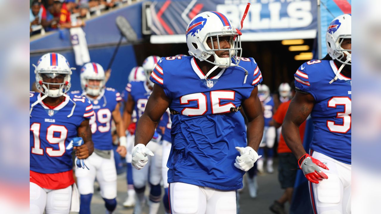 Buffalo Bills quarterback Josh Allen (17) smiles on the sidelines during an  NFL preseason football game against the Carolina Panthers on Friday, Aug.  26, 2022, in Charlotte, N.C. (AP Photo/Rusty Jones Stock