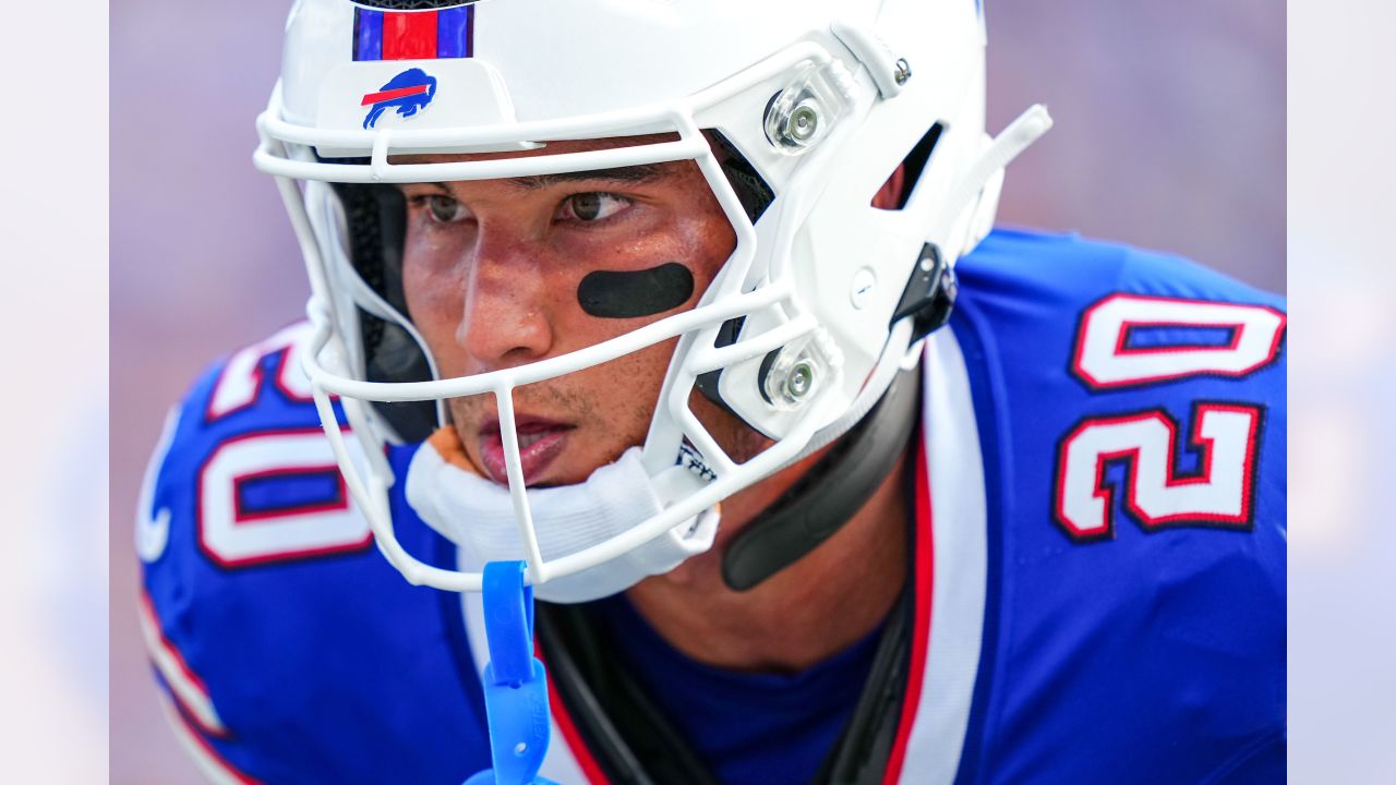 Josh Allen wears red Buffalo Bills helmet at Highmark Stadium