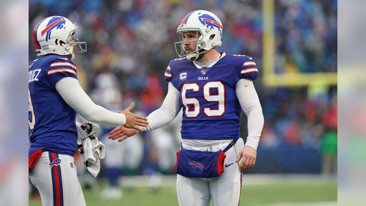 Buffalo Bills long snapper Reid Ferguson (69) speaks with officials after a  point after try against the Washington Football Team during the first  quarter of an NFL football game, Sunday, Sept. 26