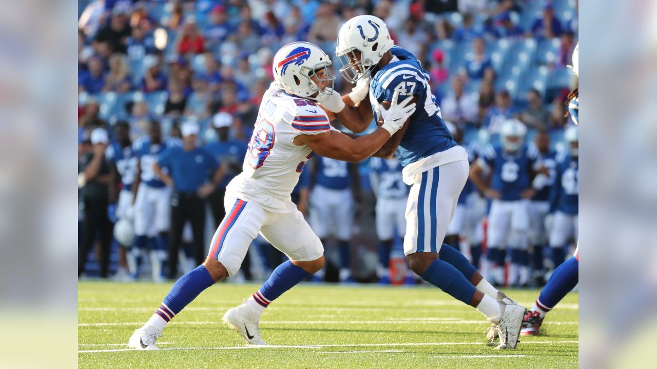 Indianapolis Colts defensive end Adetomiwa Adebawore (95) in action during  an NFL pre-season football game against the Buffalo Bills, Saturday, Aug.  12, 2023, in Orchard Park, N.Y. Buffalo defeated the Colts 23-19. (