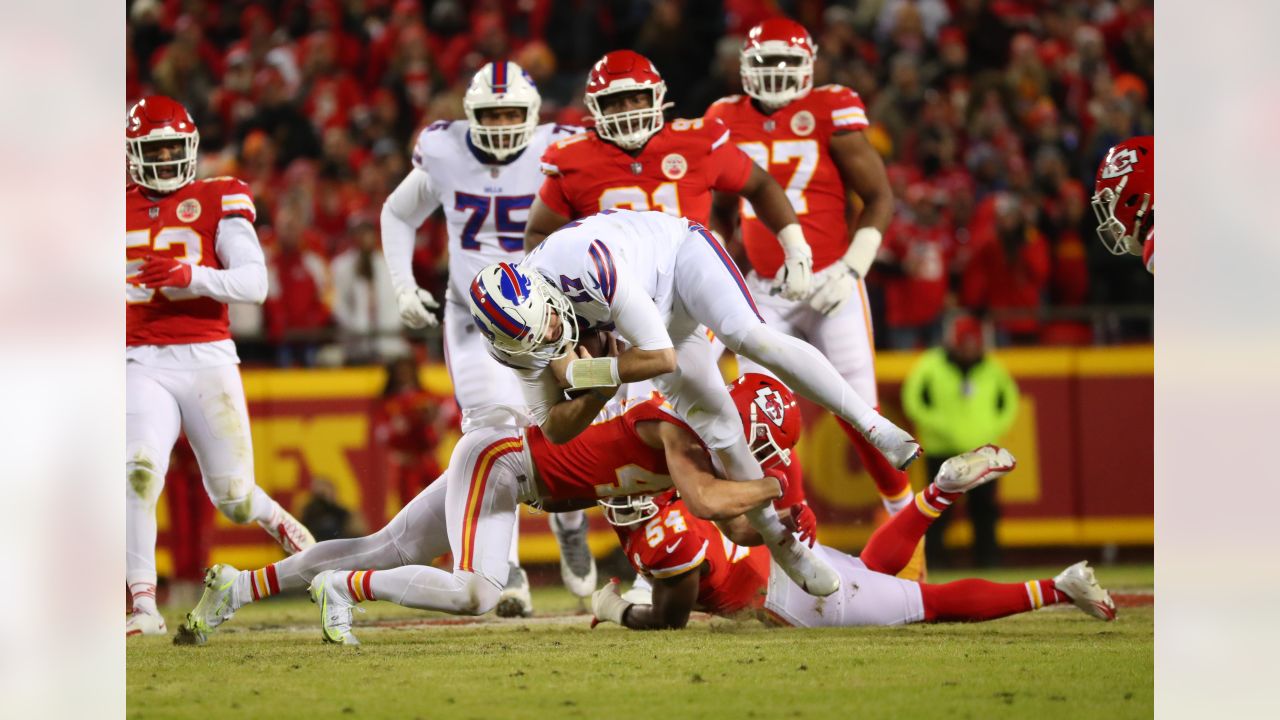 Buffalo Bills vs. Kansas City Chiefs. NFL Game. American Football League  match. Silhouette of professional player celebrate touch down. Screen in  back Stock Photo - Alamy