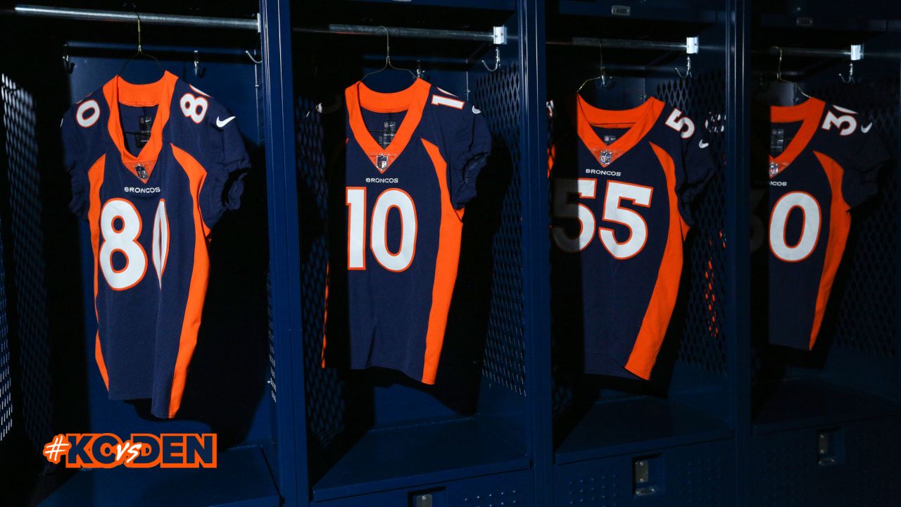Jake Butt, Emmanuel Sanders, Bradley Chubb and Phillip Lindsay's blue alternate jerseys on September 26, 2018.