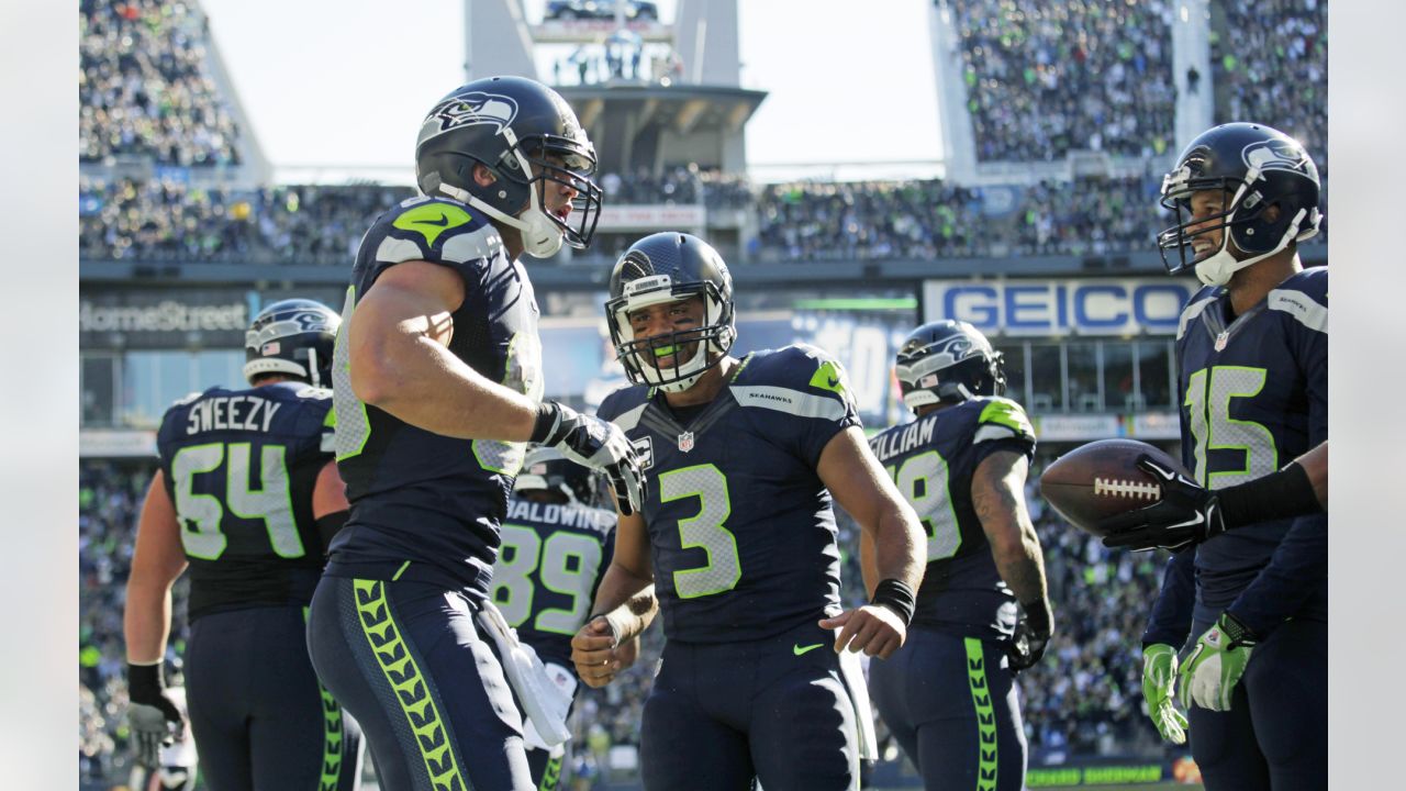 Quarterback Russell Wilson of the Seattle Seahawks celebrates