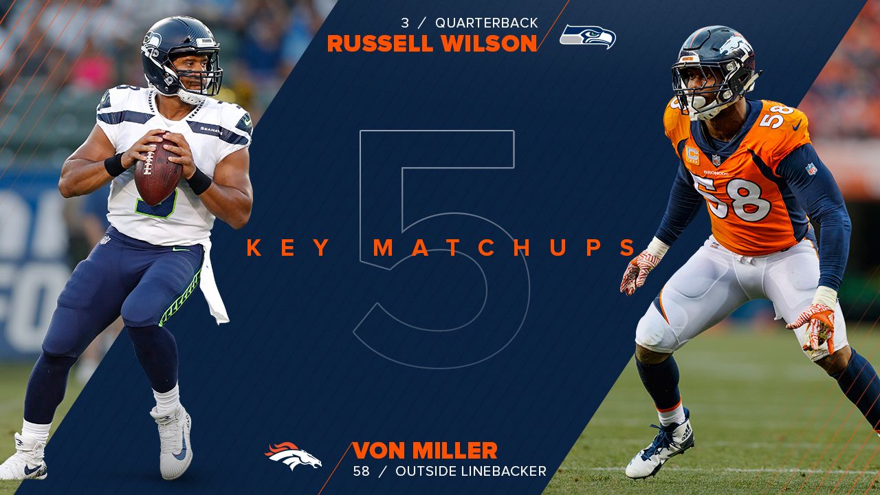 Miller is one of the best edge rushers in league history. Wilson is one of the best scramblers in league history. That makes for an exciting cat-and-mouse game between two of the finest at their craft. Miller notched one sack on Wilson in their only previous regular-season meeting, a 2014 Seahawks victory. With Bradley Chubb, Shane Ray and Shaquil Barrett all viable pass-rush options opposite Miller, Wilson will have to have his head on a swivel. Pressuring Wilson is one thing, but bringing him down is another: His 586 rushing yards were second-most among quarterbacks last season. He played a role in 37 (34 passing, three rushing) of the Seahawks’ 38 offensive touchdowns last year. Miller’s 83.5 career sacks are second-most in team history, and he’ll be looking to inch closer to Simon Fletcher’s franchise record of 97.5.