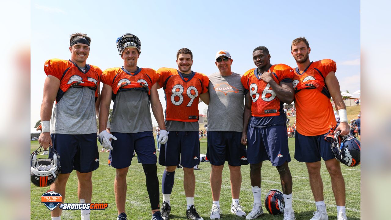 Denver Broncos tight end Jeff Heuerman (82) takes part in drills