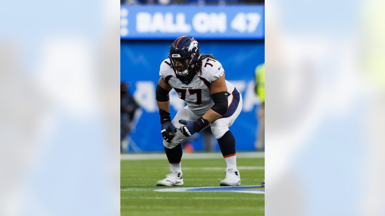 Denver Broncos guard Dalton Risner (66) on the field before the start of an  NFL football game against the Los Angeles Chargers, Sunday, January 2, 2022  in Inglewood, Calif. The Chargers defeated