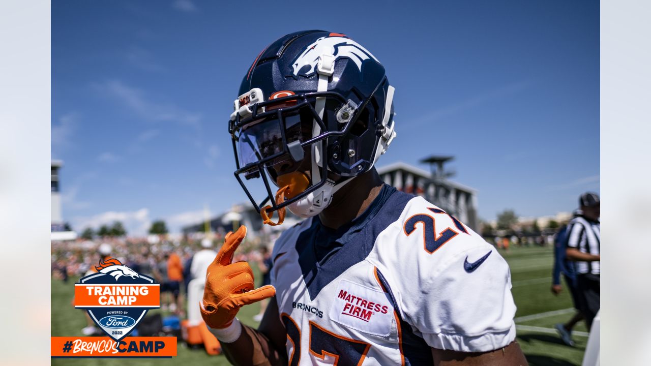 Denver Broncos running back Mike Boone (26) takes part in drills at an NFL  football training camp at team headquarters Friday, July 30, 2021, in  Englewood, Colo. (AP Photo/David Zalubowski Stock Photo - Alamy