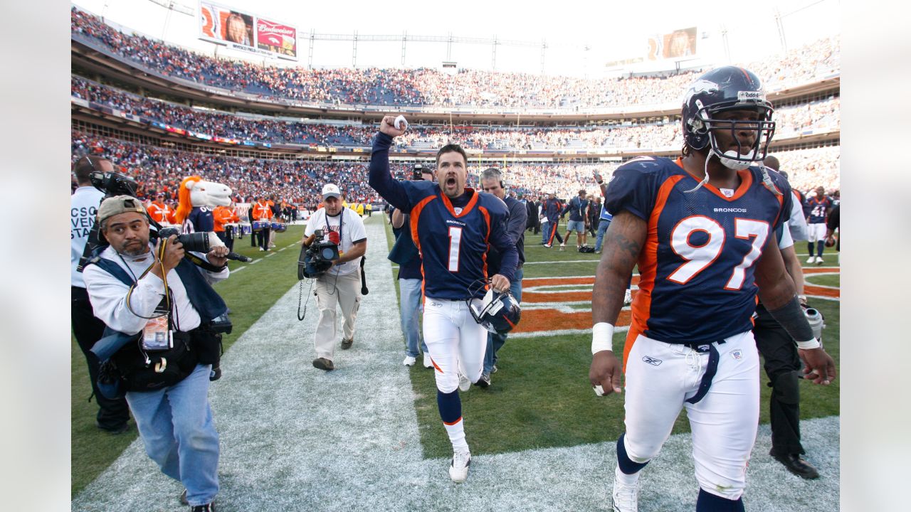 Denver Broncos' kicker Jason Elam (1) and teammate Nate Jackson (81)  celebrate Elam field goal during a game versus the Buffalo Bills at Ralph  Wilson Stadium in Orchard Park. NY. Denver Broncos