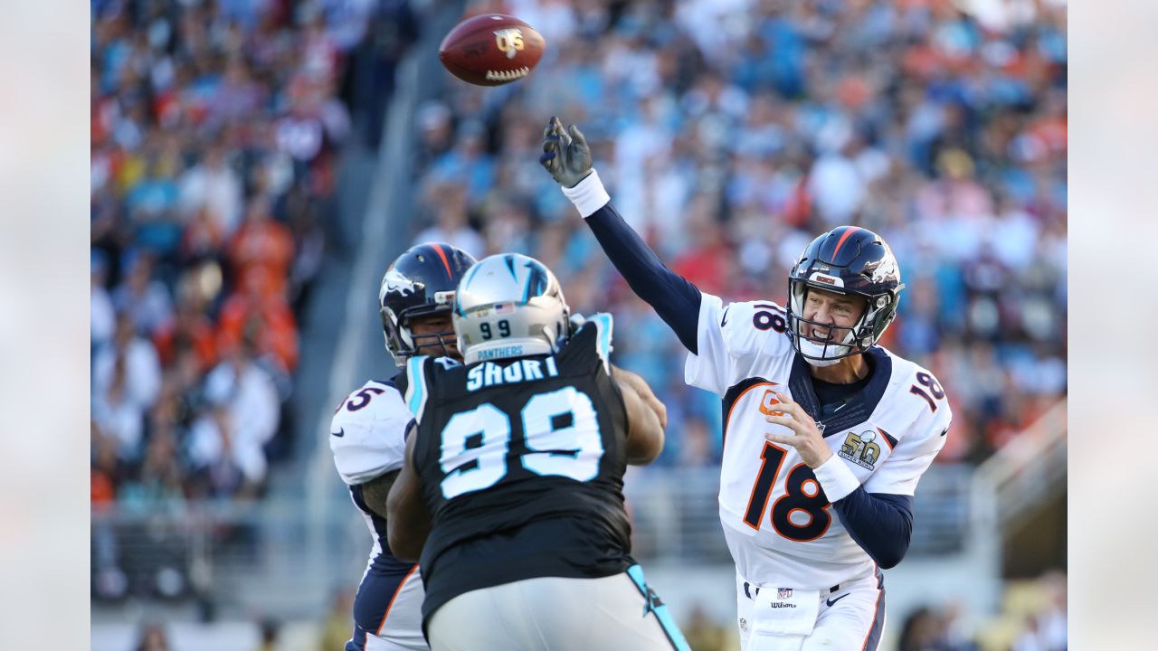 Feb 7, 2016; Santa Clara, CA, USA; Denver Broncos quarterback Peyton Manning  (18) throws a pass during the first quarter against the Carolina Panthers  in Super Bowl 50 at Levi's Stadium. Man …