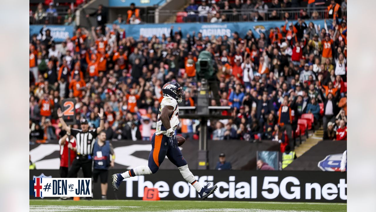 London, UK. 30th Oct, 2022. Denver Broncos Wide Receiver Jerry Jeudy runs  for a touchdown in their match against Jacksonville Jaguars in the NFL  International Series game at Wembley in London on