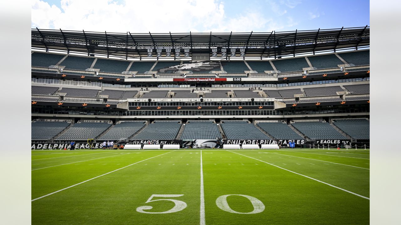 An eagle flies through Lincoln Financial Field before an NFL