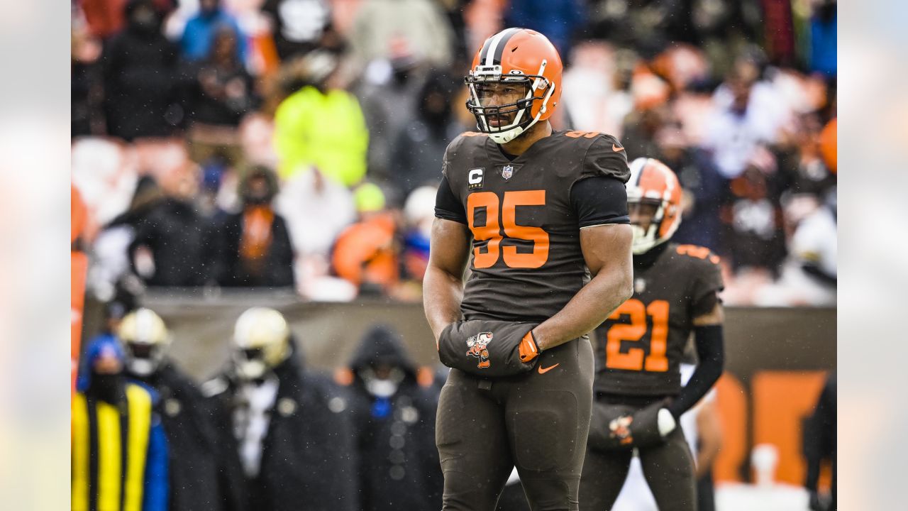 FILE - New Orleans Saints tight end Juwan Johnson (83) attempts to block Cleveland  Browns defensive end Myles Garrett (95) during an NFL football game,  Saturday, Dec. 24, 2022, in Cleveland. As